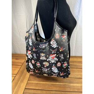 Ed Hardy NWT Tattoo Flash Tote Bag Purse Black Faux Leather Magnetic Close